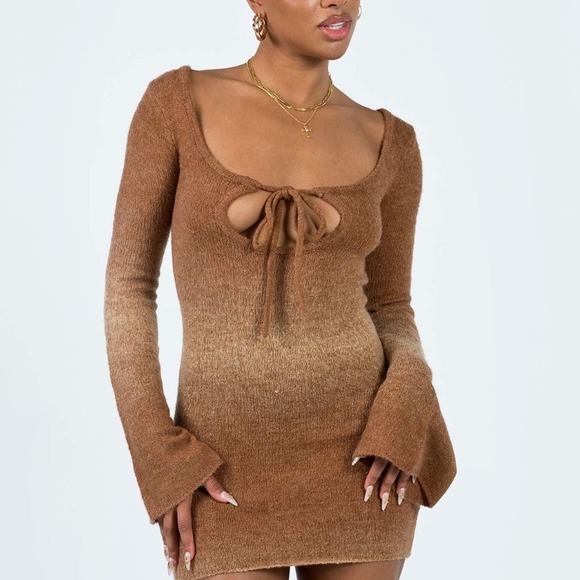 Princess Polly Dresses & Skirts - Princess Polly Womens Mini‎ Dress 2 Brown Orange Long Bell Sleeve Knit 70s